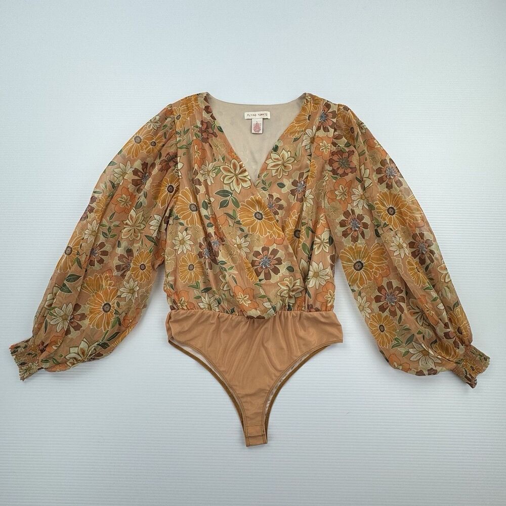 Flying Tomato Floral Bodysuit Womens L Boho Retro Surplice Puff Sleeve Top - Picture 3 of 11
